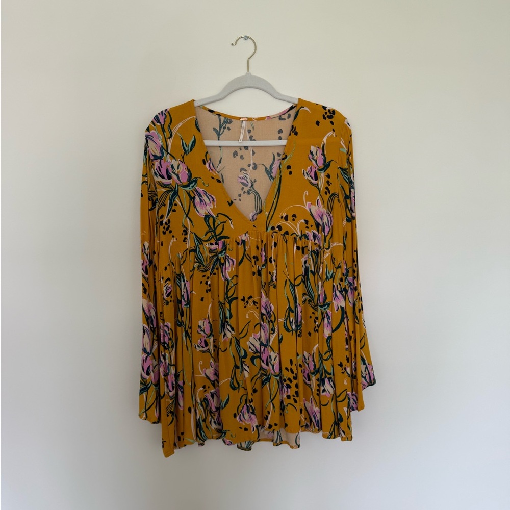 Free People Floral Mustard Blouse